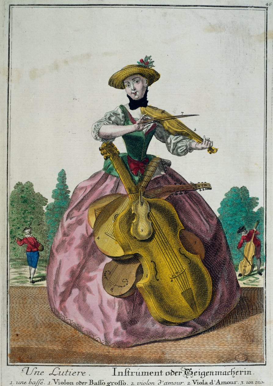 Une Lutiere, lutista s violou, violoncellem a houslemi, Martin Engelbrecht (1684-1756), barevný tisk, Francie od Martin Engelbrecht
