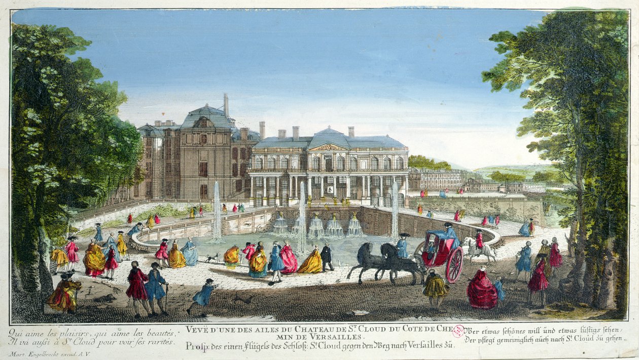 Pohled na Chateau de Saint-Cloud u Versailles, polovina 18. století (barevná rytina) od Martin Engelbrecht