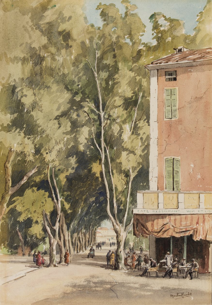 „Avenue rovinných stromů, Vaison“, Vaucluse, říjen 1933 (inkoust a akvarel na papíře) od Martin Hardie