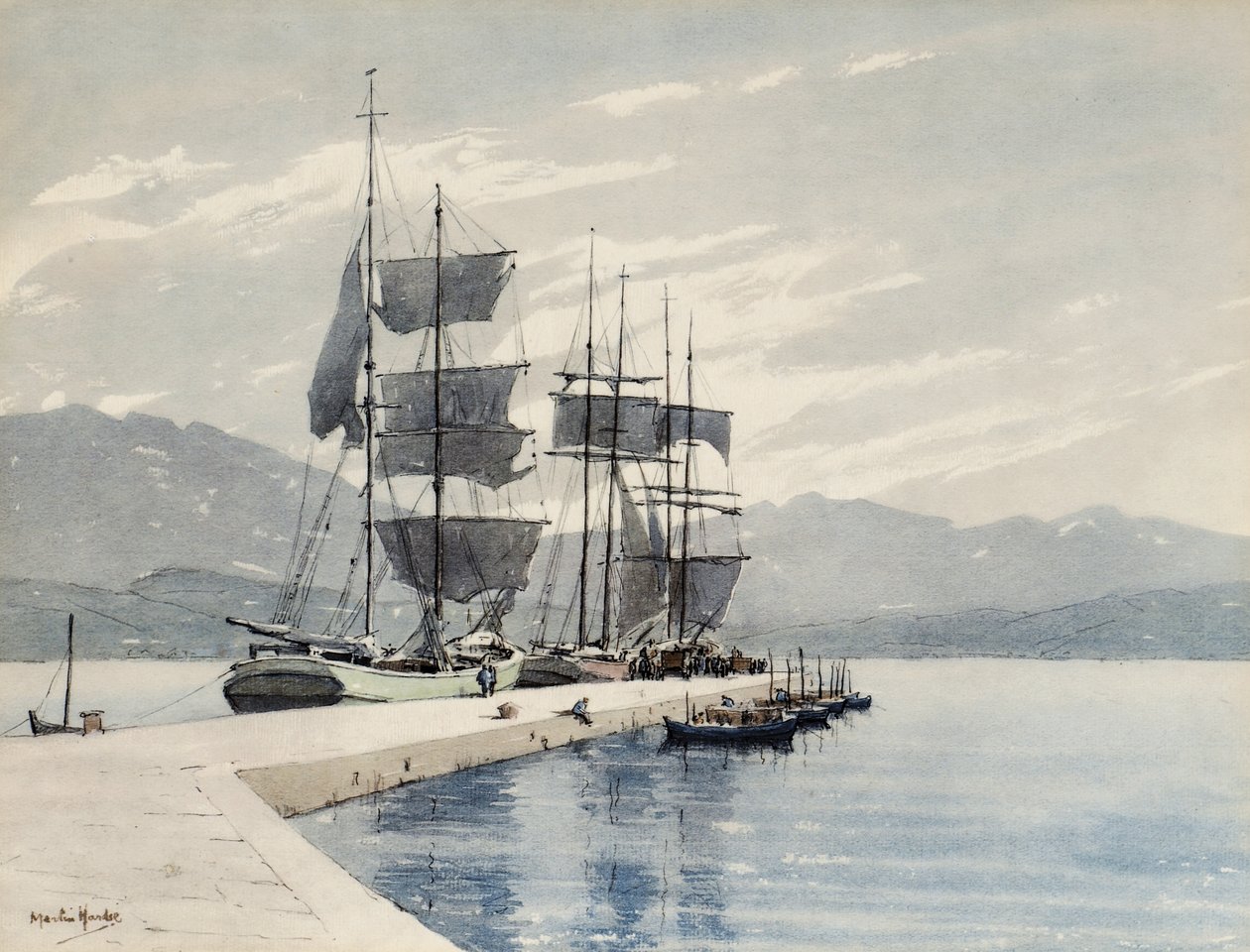 Plachetnice na Quayside (akvarel na papíře) od Martin Hardie