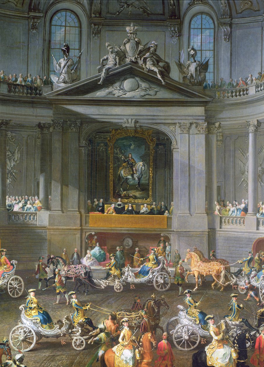 Kavalkáda v Zimní jízdárně ve vídeňském Hofu na oslavu porážky francouzské armády u Prahy s jezdeckým portrétem císaře Karla VI., 1743 detail 67400, viz také 665 od Martin II Mytens or Meytens