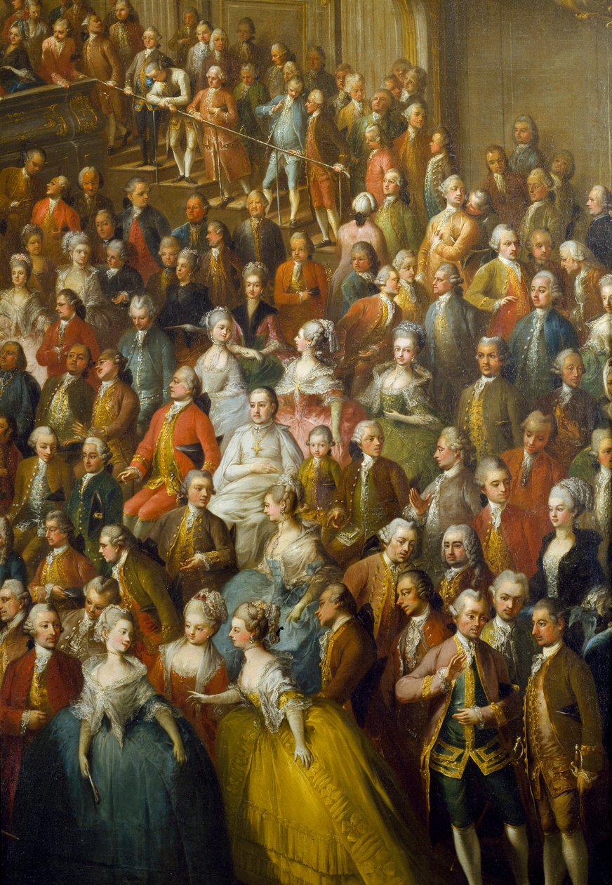 Svátek na počest Marie Terezie Rakouské (1717-1780), budoucího císaře Josefa II. (1741-1790) a jeho manželky Isabely Parmské (Bourbon-Parma, Bourbon Parma) dne 10.10.1760 Detail zachycující v centrum mladého Wolfganga Amadea Mozarta (1756-1791 od Martin II Mytens or Meytens