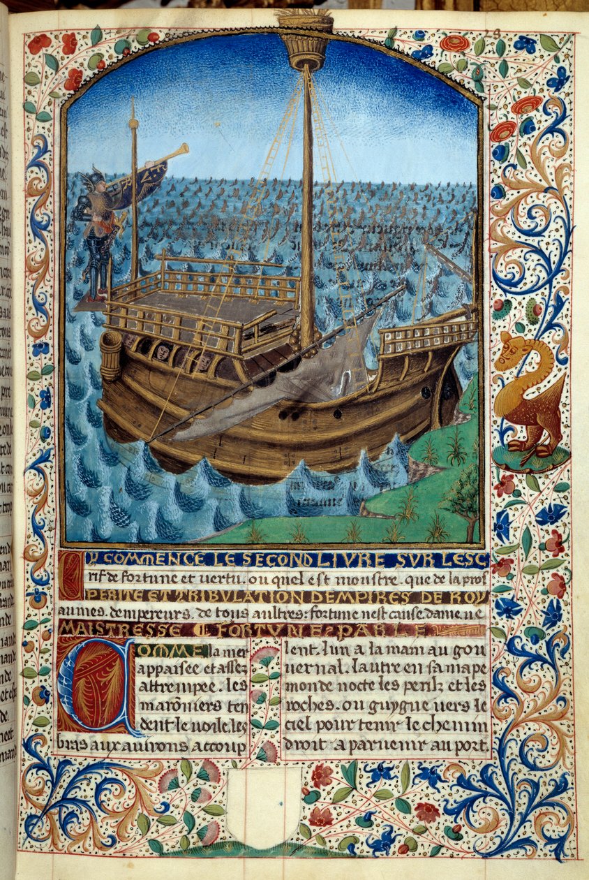 Znázornění lodi na moři - Miniatura z „Duch štěstí a ctnosti“ od Martina Le Franca (1410-1461) 1447-1448 - Paris B.N. - Loď na moři - Miniaturní obraz z rukopisu „Duch štěstí a ctnosti“ od Martina Le Franc (1410-1461) od Martin Le Franc