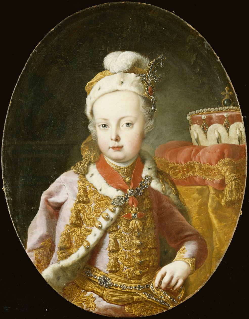 Portrét arcivévody Josefa, pozdějšího rakouského císaře Josefa II., poloviční délka, ve zlatém vyšívaném růžovém sametovém kabátku s hermelínovým lemováním, opeřená čepice zdobená broží a v Řádu zlatého rouna, od Martin Meytens the Younger