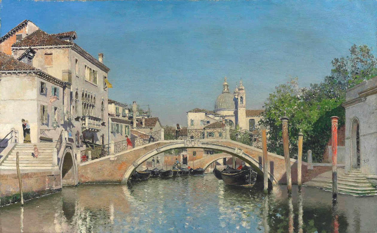 Benátský kanál s gondolami, Santa Maria Della Salute za ním (olej na plátně) od Martín Rico y Ortega