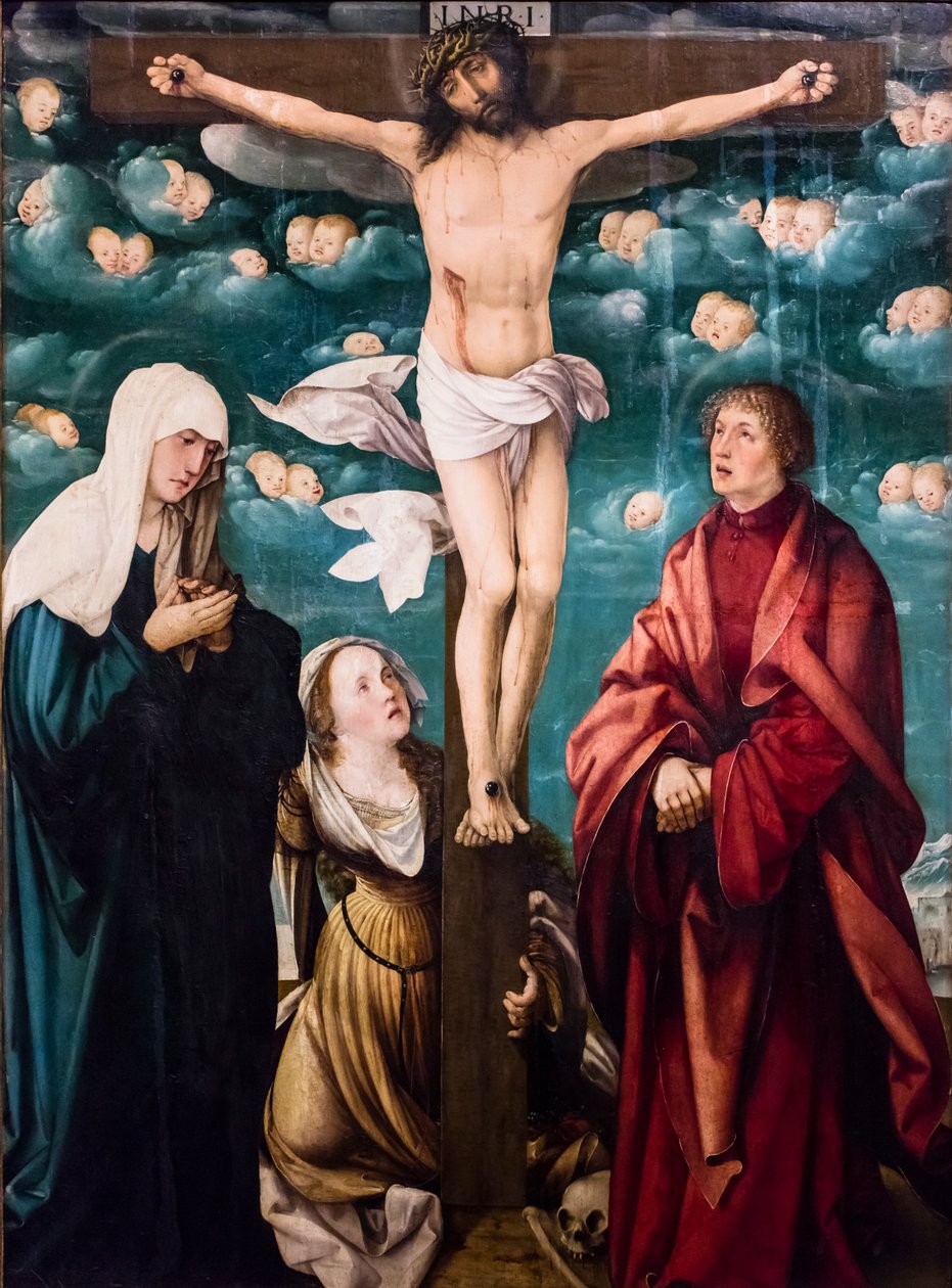 Ukřižování s Pannou Marií, svatou Marií Magdalenou a svatým Janem Evangelistou, asi 1525-1530 (tempera a olej na smrku) od Martin Schaffner
