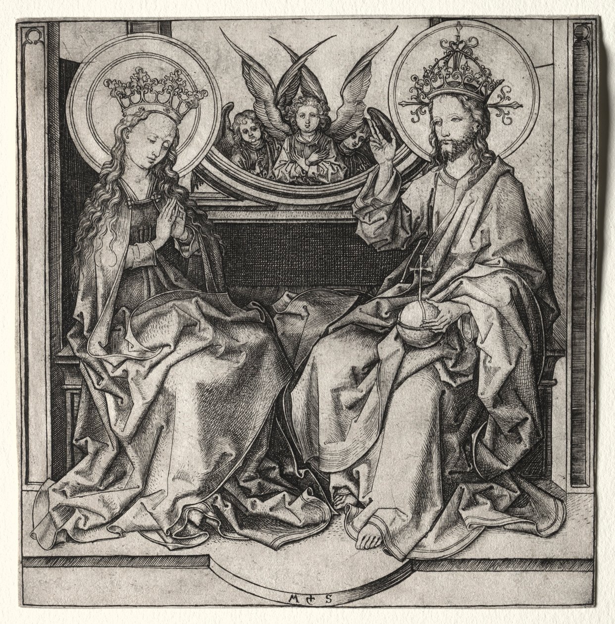 Bůh Otec a svatá Panna trůní za účasti andělů, c. 1480-90. od Martin Schongauer