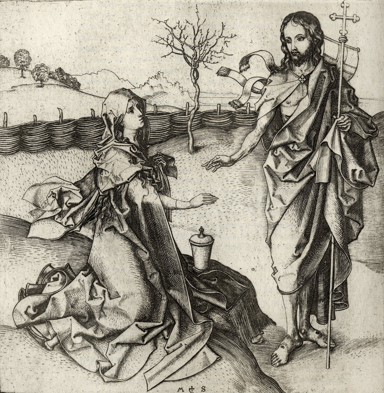 Náš Spasitel se zjevuje Marii Magdaleně v zahradě, z „Katalogu sbírky rytin, leptů a dřevořezů“, od Richarda Fishera, vydaného v roce 1879 od Martin Schongauer