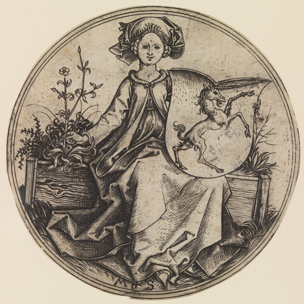 Sedící dáma držící štít s jednorožcem, ca. 1435-1491., ca. 1435-1491. od Martin Schongauer