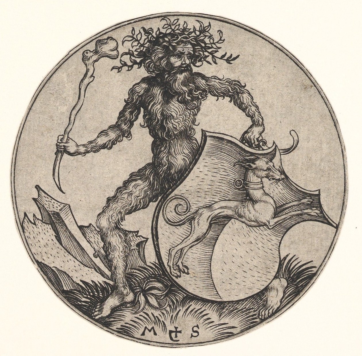 Shield with Greyhound Hold by Wild Man, ca. 1435-1491. od Martin Schongauer
