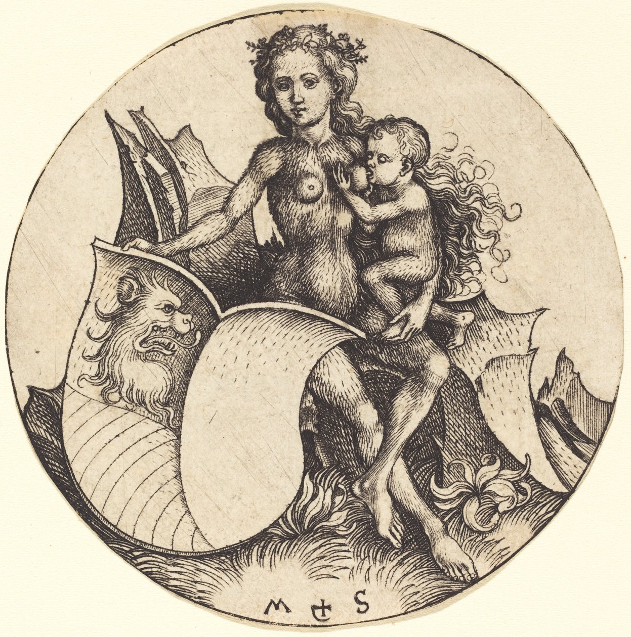 Štít se lví hlavou, držený divokou ženou od Martin Schongauer