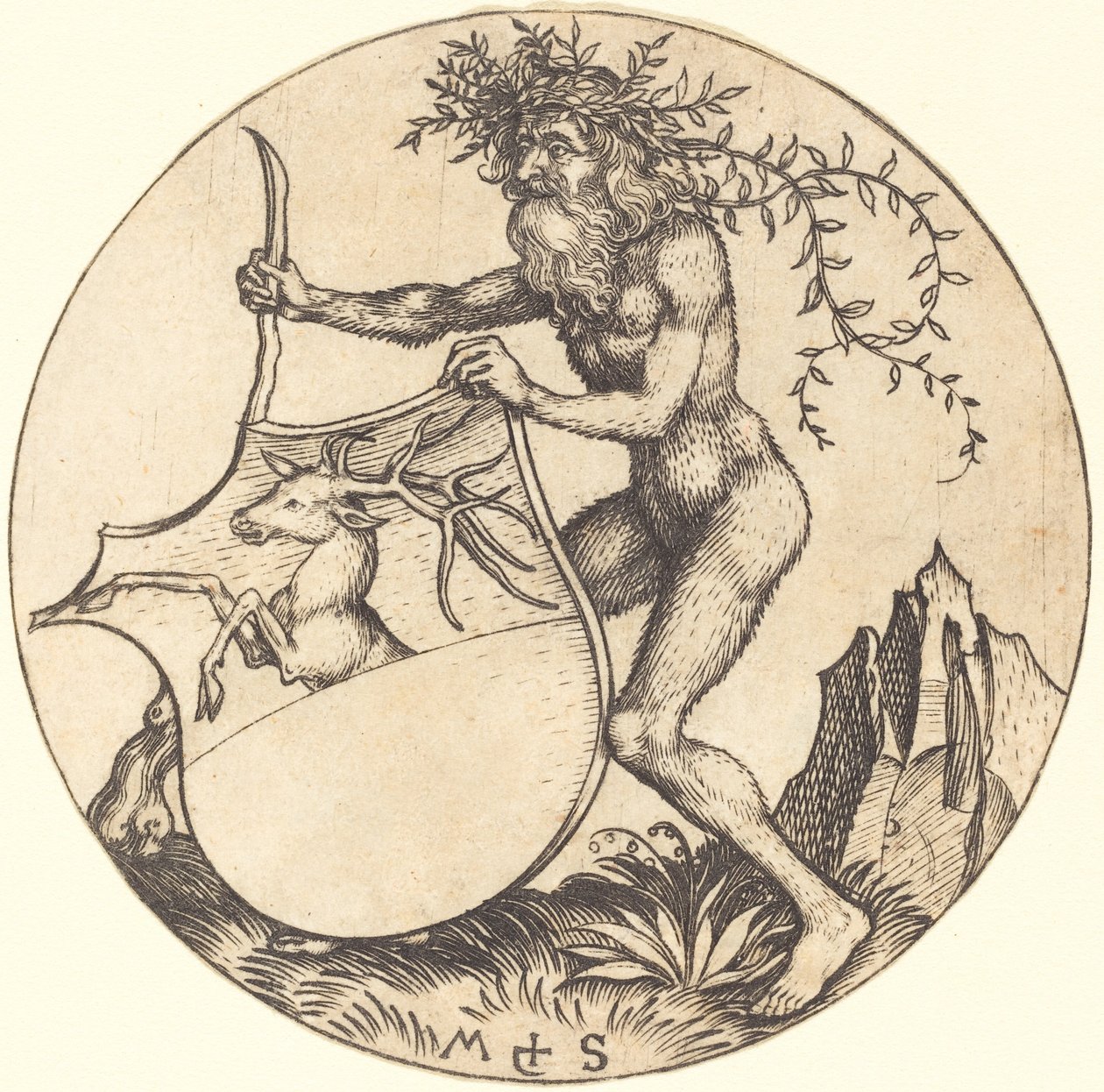 Štít s jelenem, držený divokým mužem od Martin Schongauer