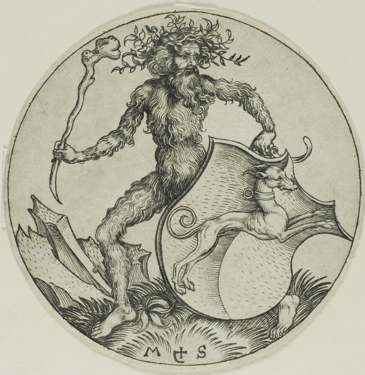 Štít s chrtem, držený divokým mužem od Martin Schongauer