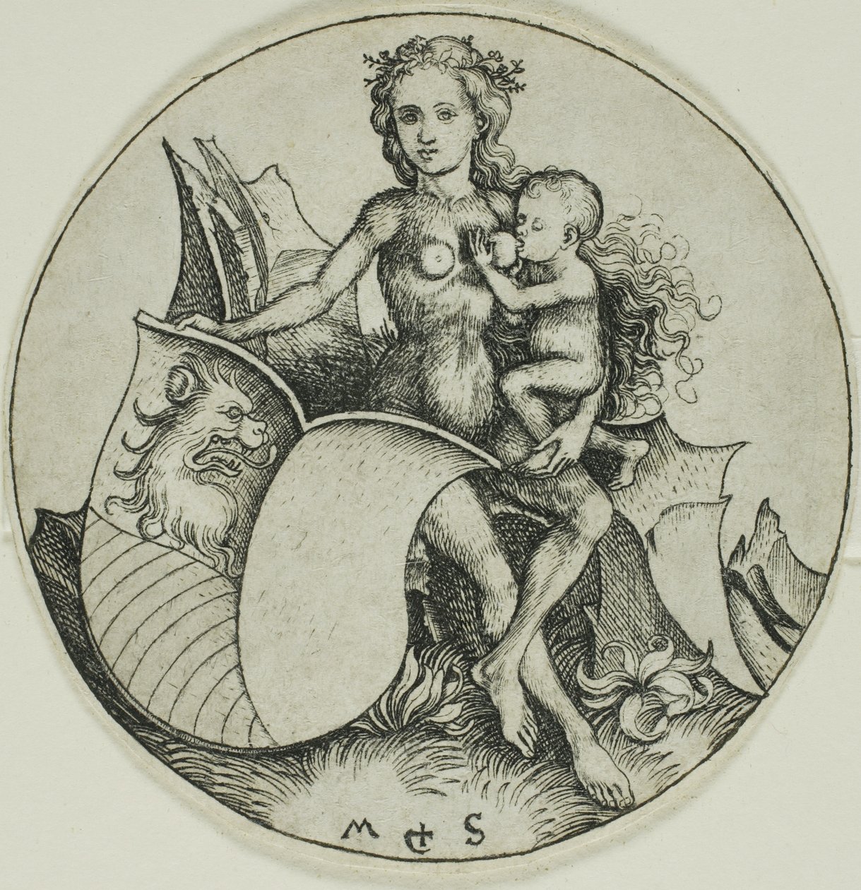 Štít se lví hlavou, držený divokou ženou od Martin Schongauer