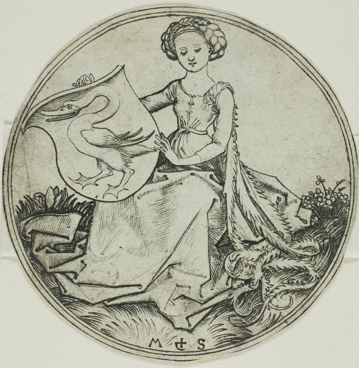 Štít s labutí, držený sedící dámou od Martin Schongauer