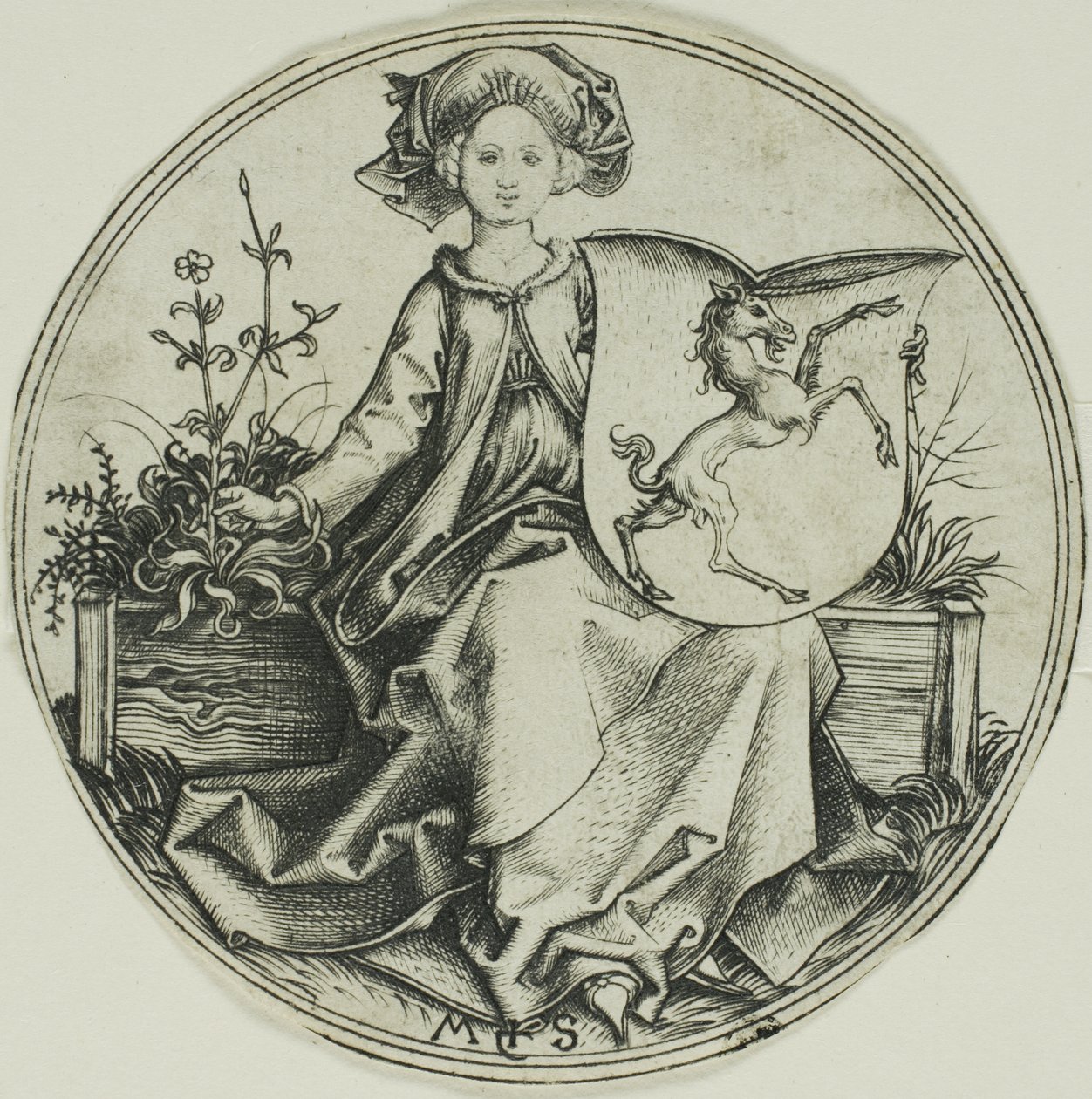 Štít s jednorožcem, držený dámou od Martin Schongauer