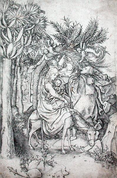 Útěk do Egypta, cca 1470-80 (rytina) od Martin Schongauer