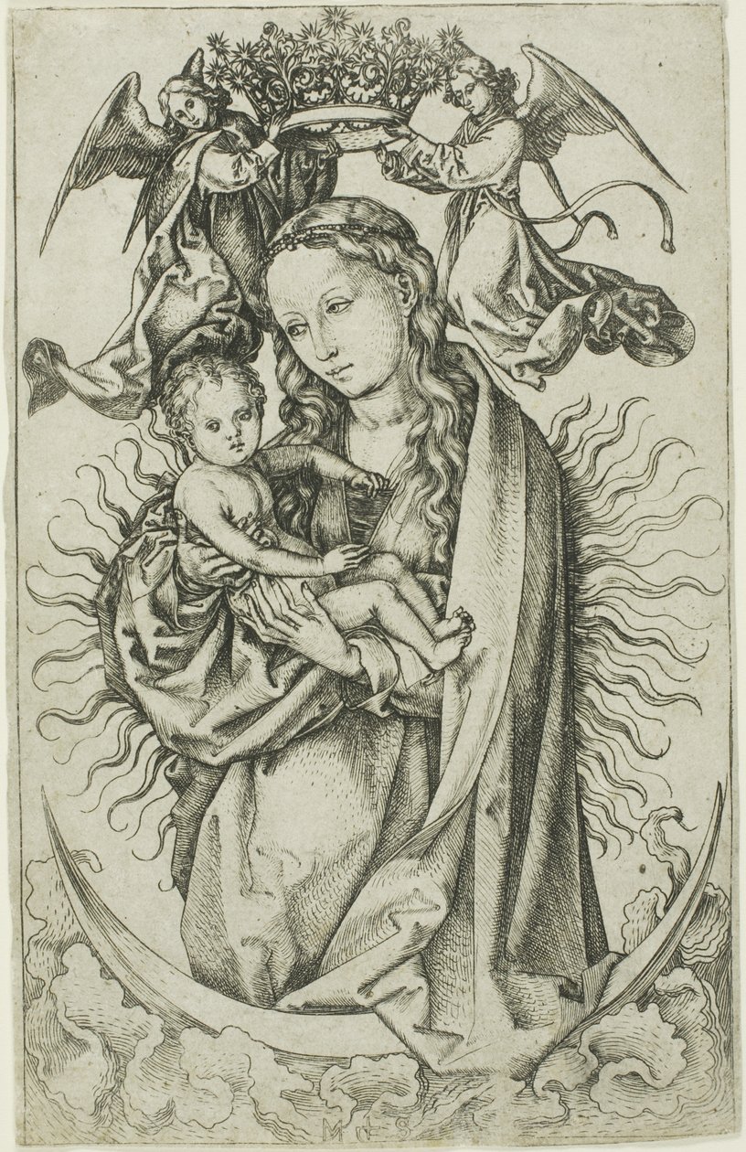 Madona na půlměsíci korunovaná dvěma anděly od Martin Schongauer