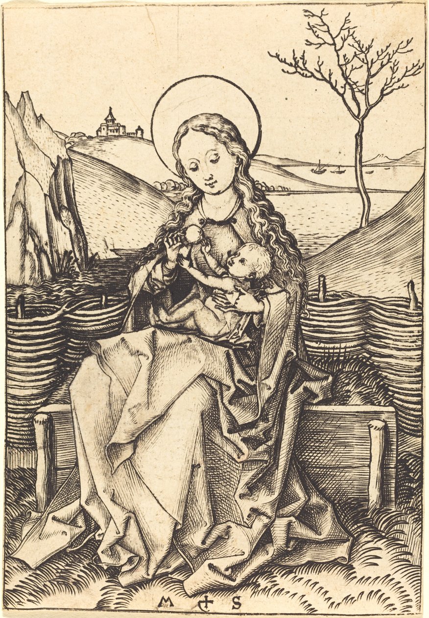 Panna a dítě na travnaté lavičce od Martin Schongauer