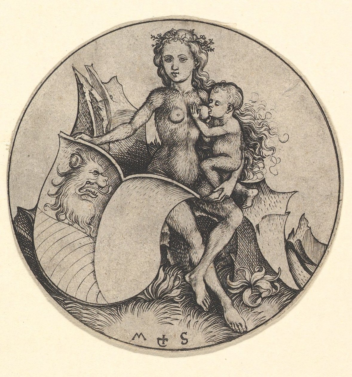 Divoká žena držící štít se lví hlavou, ca. 1435-1491. od Martin Schongauer