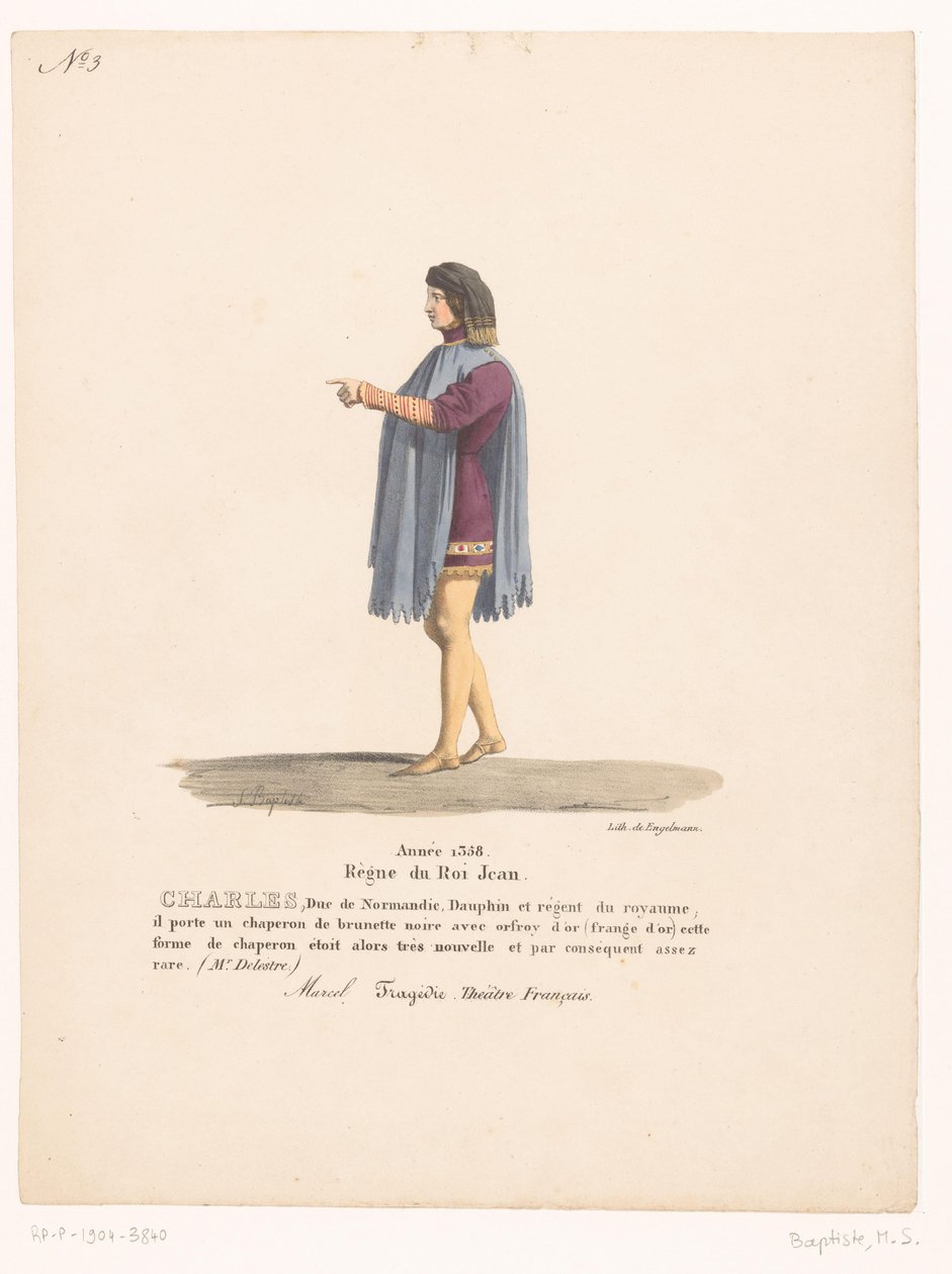 Kostuum van de dauphin Karel van Valois uit de tragedie Marcel Charles, vévoda z Normandie (titul na předmětu) Theaterkostuums (název seriálu) Francouzské divadlo: kolekce kostýmů MM. J. Alaux a L. Duponchel z rukopisných kreseb v Bibliot od Martin Sylvestre Baptiste
