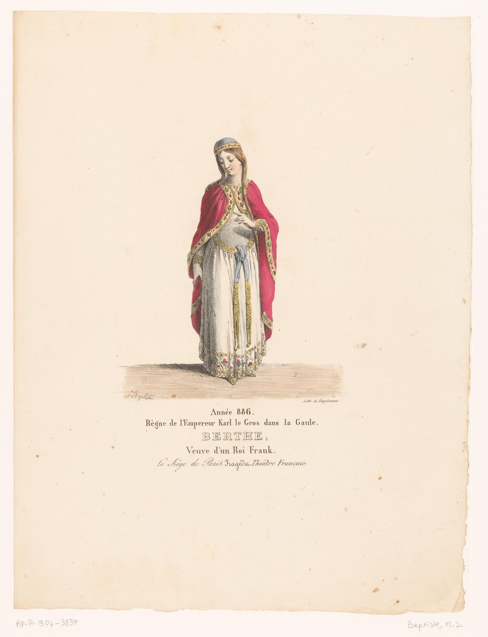 Kostuum van koningin Berthe uit de tragedie The Siege of Paris Berthe (titul na objektu) Theaterkostuums (název seriálu) Francouzské divadlo: kolekce kostýmů MM. J. Alaux a L. Duponchel podle rukopisných kreseb z Bibliothèque de la Comédie- od Martin Sylvestre Baptiste