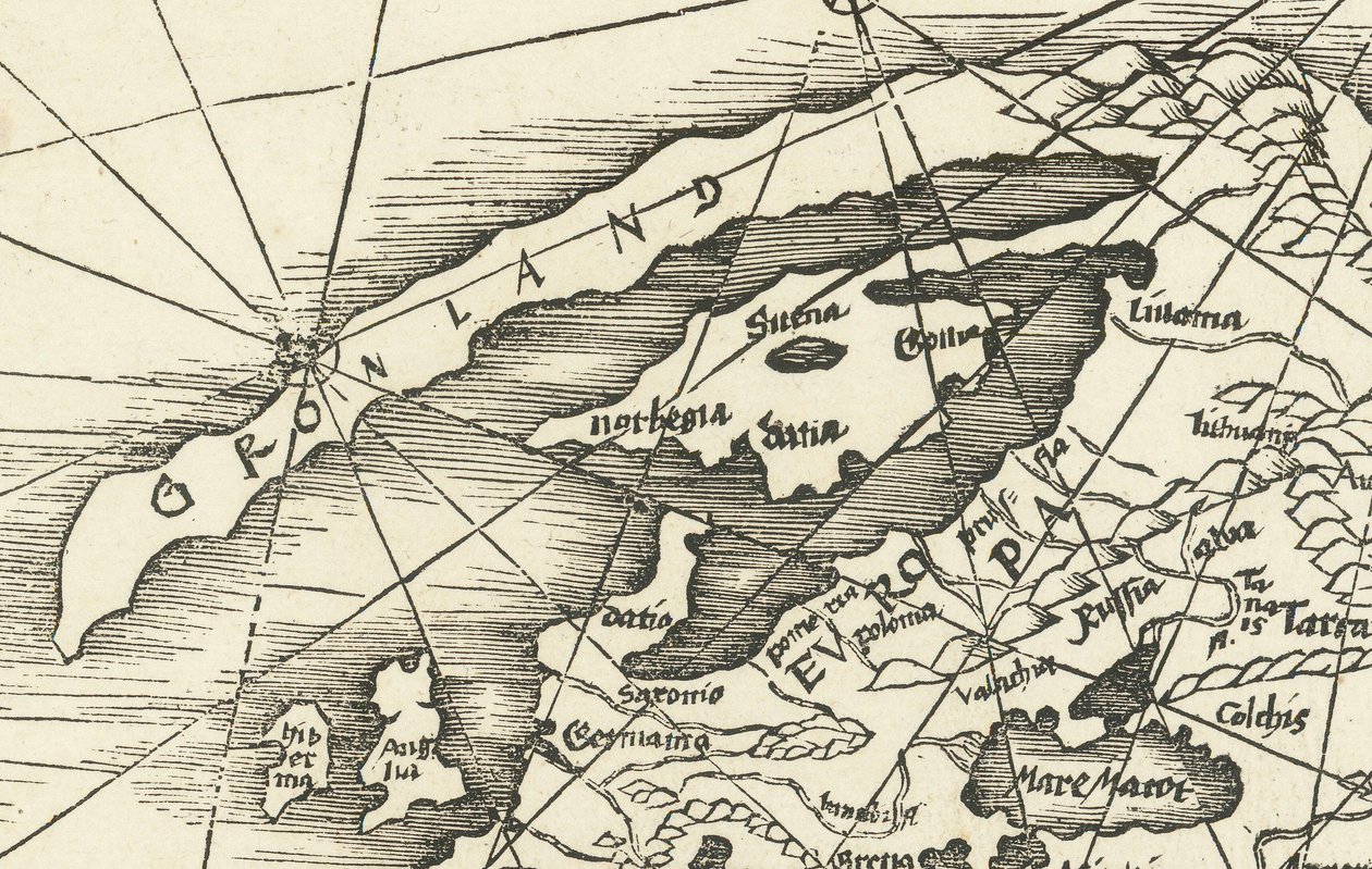 Mapa Severního moře z roku 1513 zobrazující Grónsko spojené se Skandinávií od Martin Waldseemuller