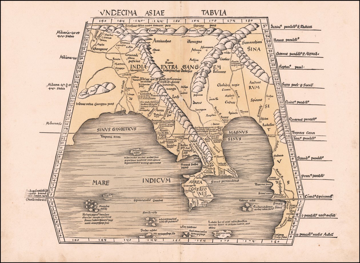 1513 mapa jihovýchodní Asie, Číny a Indie, Martin Waldseemüller od Martin Waldseemuller