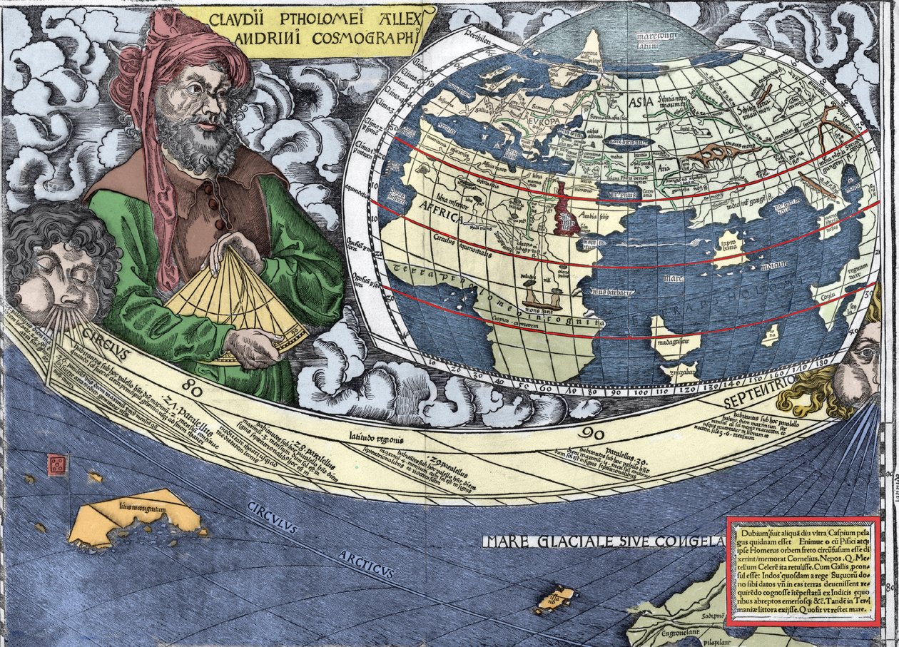 Ptolemee (Claudius Ptolemaeus 90-168) - Claudius Ptolemaios v "" Waldseemullerově mapě nebo univerzální kosmografii - (Universal Cosmography) - Waldseemuller Planisphere" - 1507 - od Martin Waldseemuller