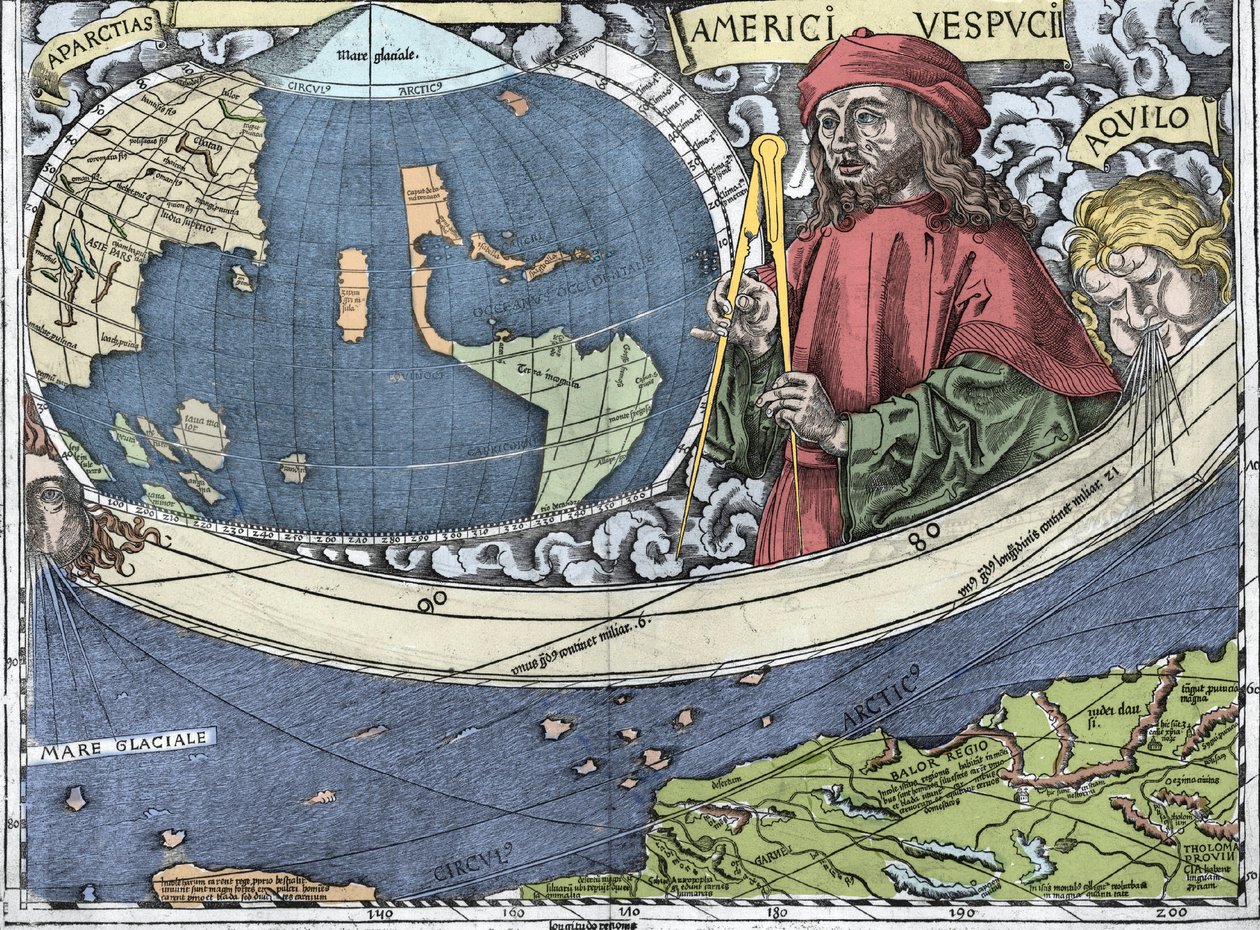 VESPUCCI, Amerigo (1454-1512). Italský průzkumník a kartografie v „Waldseemullerově mapě nebo Universalis Cosmographia - (Univerzální kosmografie) - Waldsemuller Planisphere“ - 1507 - od Martin Waldseemuller