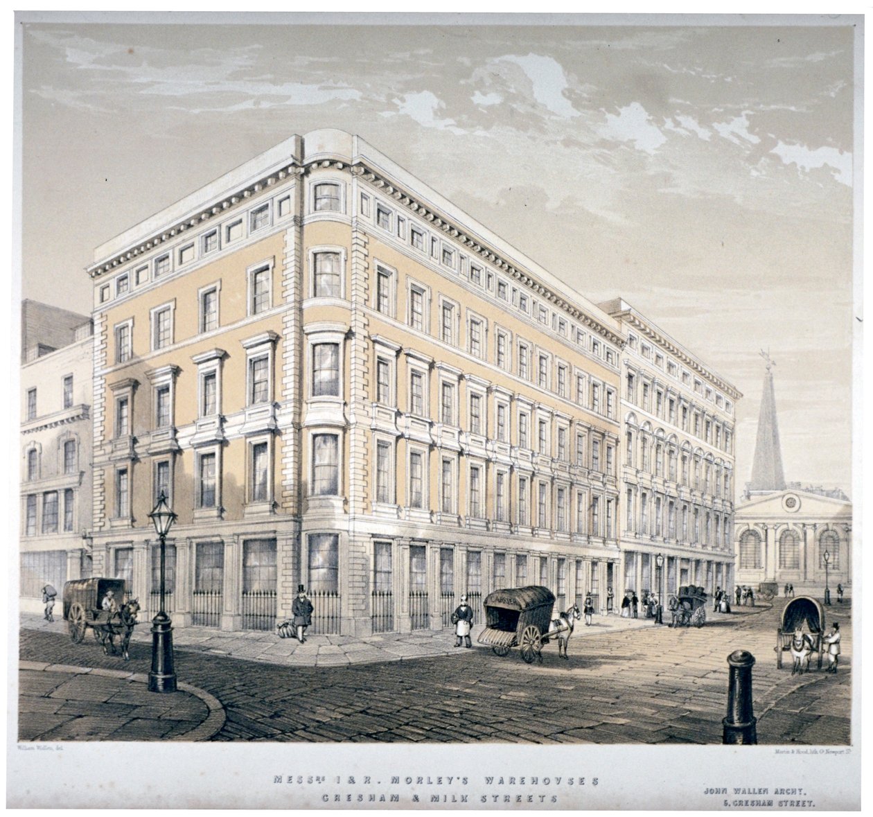 Sklady pánů J&R Morley, roh Milk Street a Gresham Street, Londýn, c1840 od Martin and Hood
