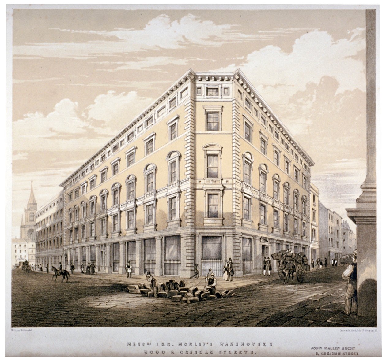 Sklady pánů J&R Morley, roh Wood Street a Gresham Street, Londýn, c1840. od Martin and Hood