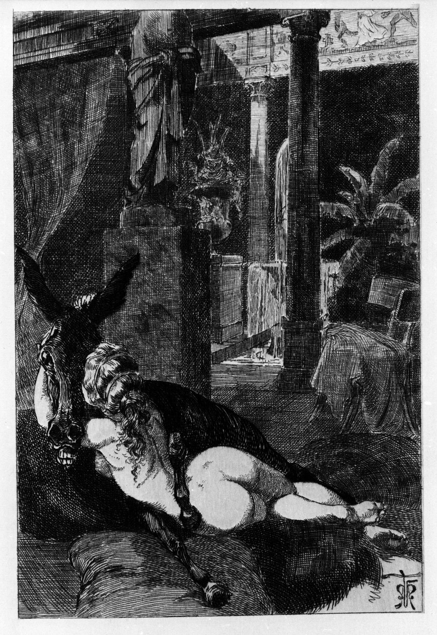 Lucius se náhodou promění v osla. Metamorfózy (Zlatý osel nebo Asinus aureus), román napsaný Apuleem (Lucius Apuleius) (kolem 125-kolem 180) ve 2. stol. Leptání vody od Martina Van Maeleho od Martin van Maele