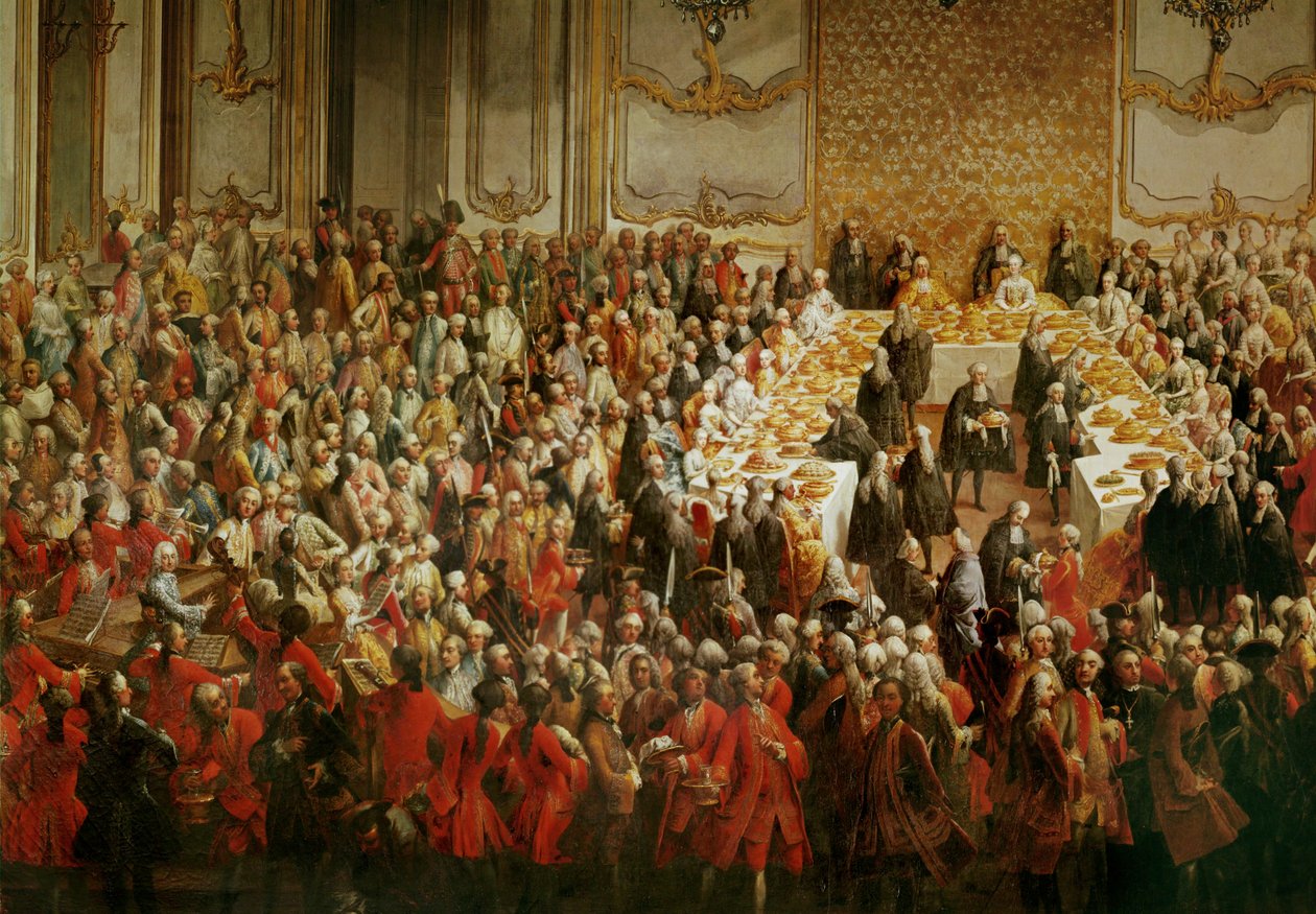 Slavnostní večeře na počest svatby korunního prince Josefa a princezny Isabely Parmské v paláci Schoenbrunn ve Vídni v roce ... od Martin van Mytens or Meytens