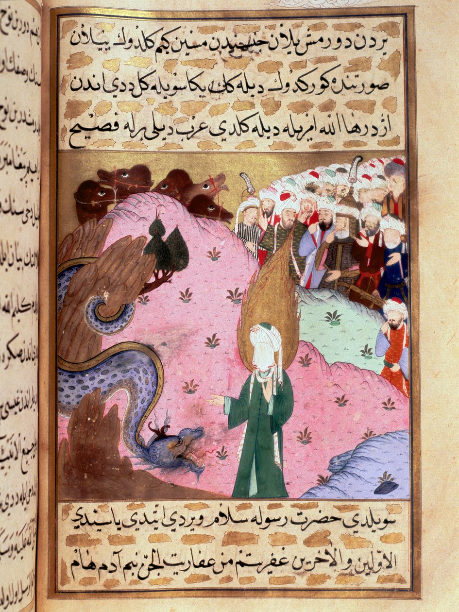 Muhammad, představuje skrytou tvář, krotí miniaturního hada z epické básně „Siyer-i Nebi“ (Siyer i Nebi), která vypráví o životě proroka Mohameda, kterou napsal Mustafa, syn Yusufa d