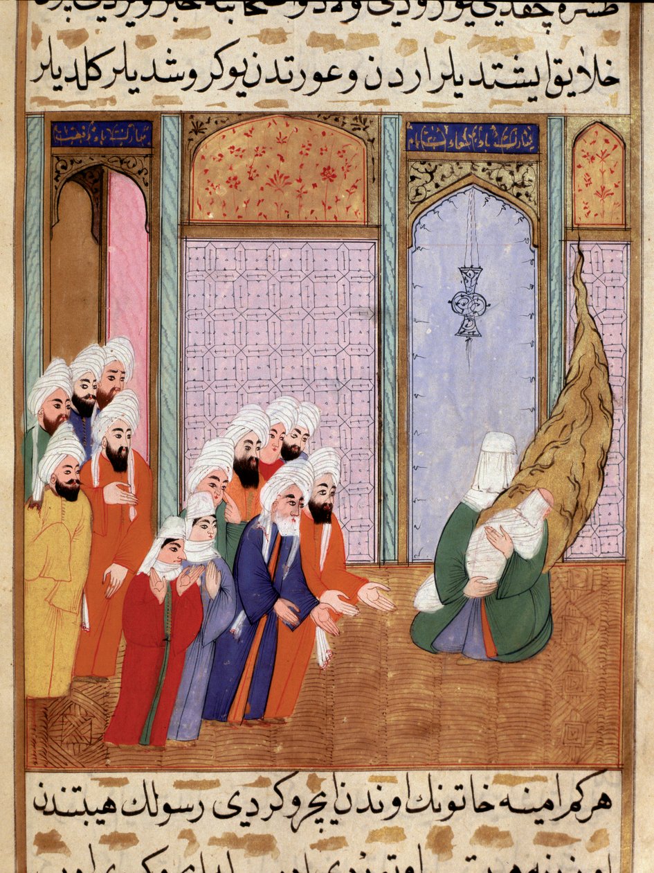 Matka proroka Mohameda ukazuje své nové dítě pouze svému dědovi (dědečkovi) Abd al-Muttalib (nebo al Muttalib) Miniatura převzatá z epické básně „Siyer-i Nebi“ (Siyer i Nebi) o životě proroka Mohameda napsal Mustafa, syn od Martino Bassi