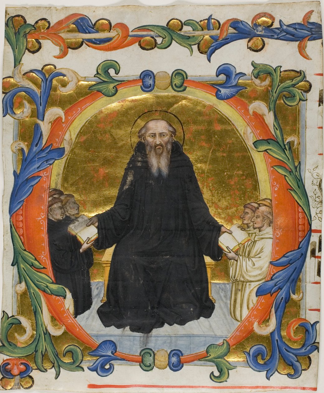 Svatý Benedikt představuje svou řeholi benediktinským a cisterciáckým mnichům v historické iniciále „O“ ze sborníku od Martino di Bartolomeo di Biagio