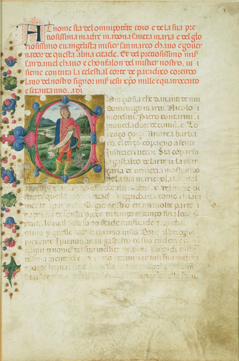 Historická iniciála C zobrazující Proroka Daniela v krajině, kolem roku 1471 od Martino di Giorgio da Modena