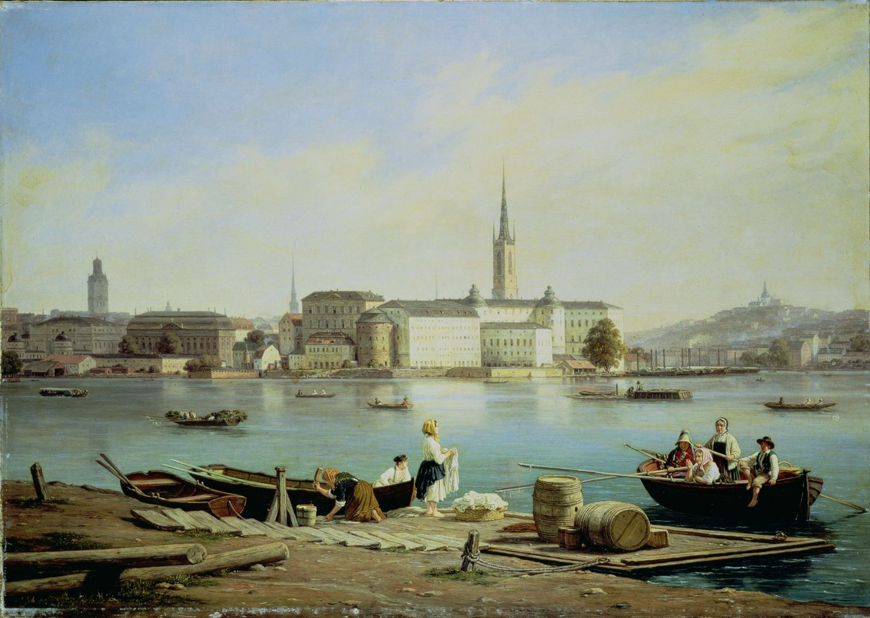 Pohled na Riddarholmen na jezeře Malaven s Riddarhuset a kostel Riddarholmen za ním, Stockholm od Martinus Rorbye