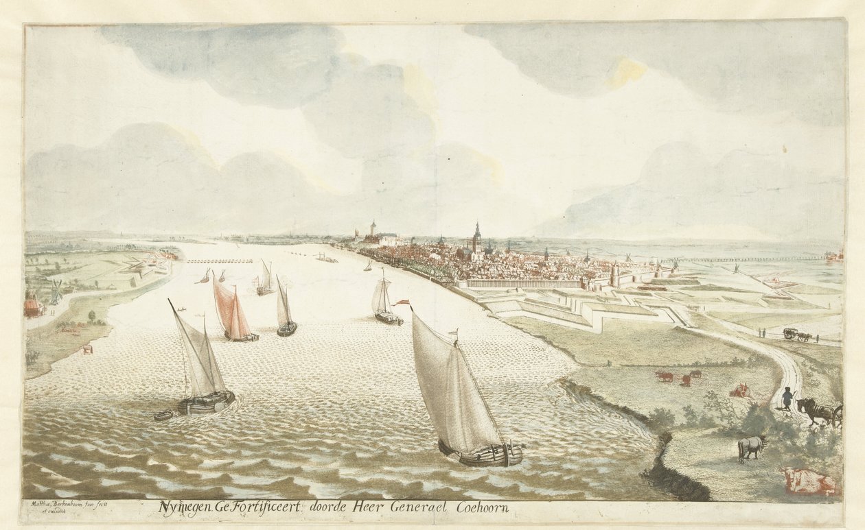 Pohled na opevnění poblíž Nijmegen na Waal Nymegen Fortified by Sir General Coehoorn (titul na objektu) od Martinus Berkenboom