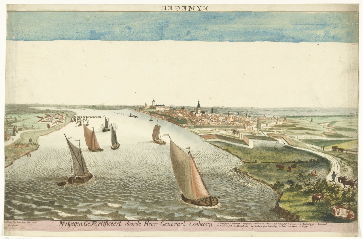 Pohled na opevnění poblíž Nijmegen na Waal Nymegen Fortified by Sir General Coehoorn (titul na objektu) od Martinus Berkenboom