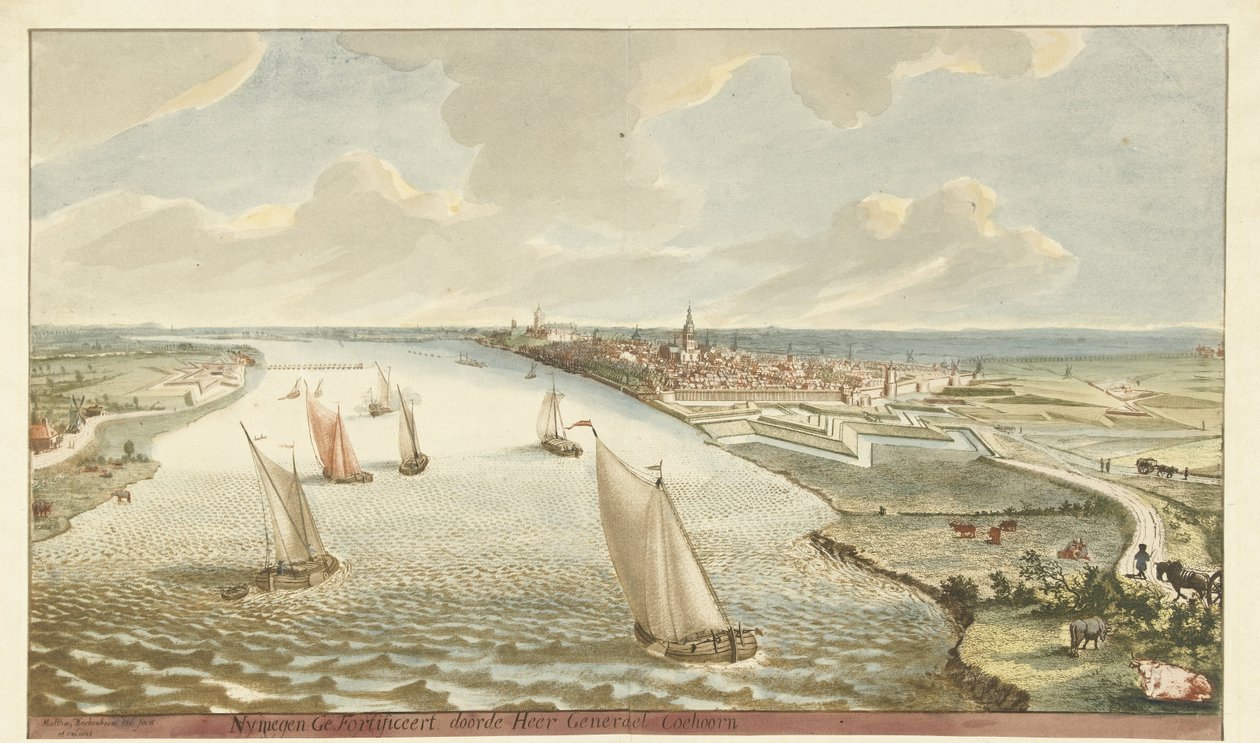 Pohled na opevnění poblíž Nijmegen na Waal Nymegen Fortified by Sir General Coehoorn (titul na objektu) od Martinus Berkenboom