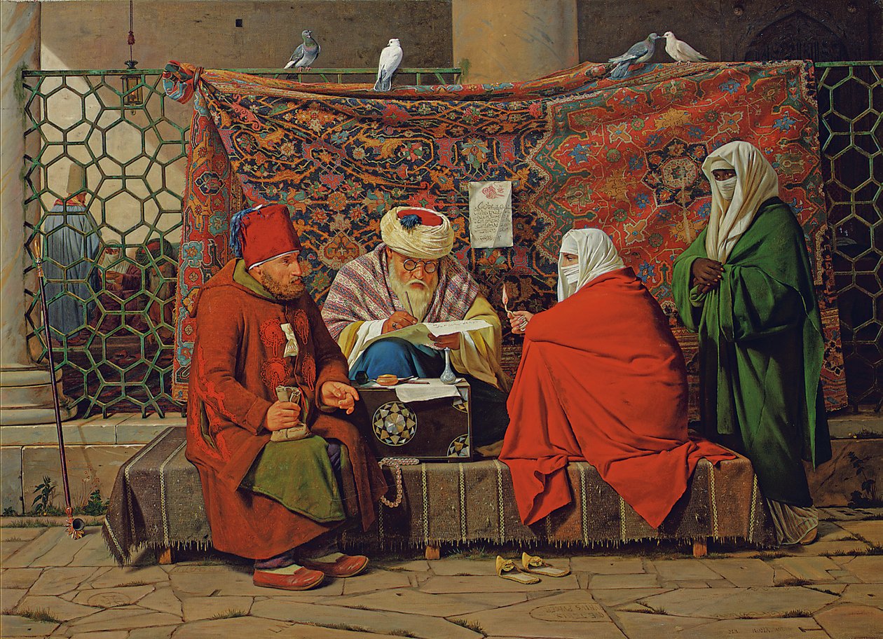 Turecký notář sepisuje svatební smlouvu před mešitou Kilic Ali Pasha, Tophane, Konstantinopol od Martinus Rorbye