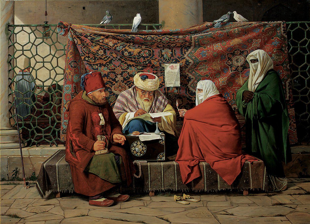 Turecký notář sepisuje svatební smlouvu před mešitou Kilic Ali Pasha, Tophane, Cinstantinople, 1837 od Martinus Rorbye