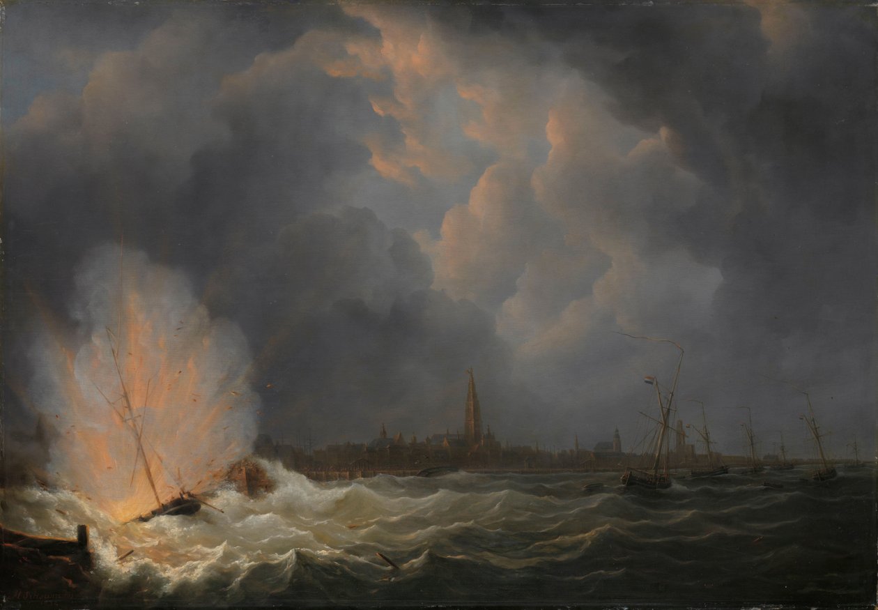 Exploze dělového člunu č. 2 pod velením Jana van Speijka u Antverp, 5. února 1831 od Martinus Schouman