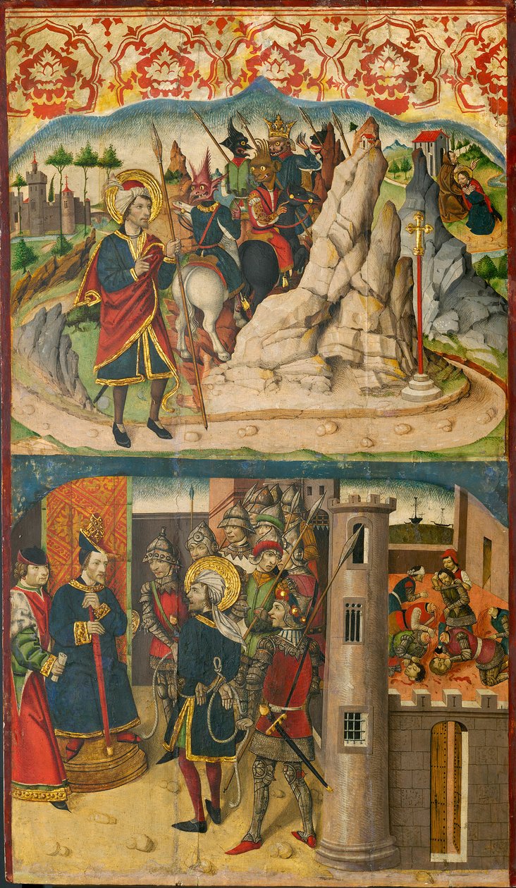 Svatý Kryštof se setkává se Satanem, Svatý Kryštof před králem Lykie, 148085. od Martín de Soria