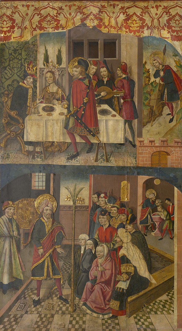 Svatý Kryštof na odchodu krále, který se bál Satana, Svatý Kryštof a jeho obrácení, 1480-85 od Martín de Soria