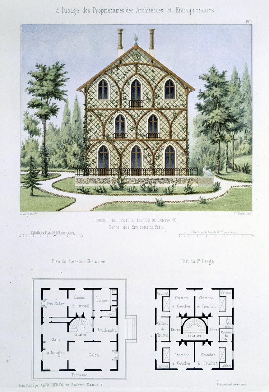 Projekt malého venkovského domu poblíž Paříže, vyrytý Walterem, deska 9 z „Architecture Pittoresque et Moderne“ od Marty