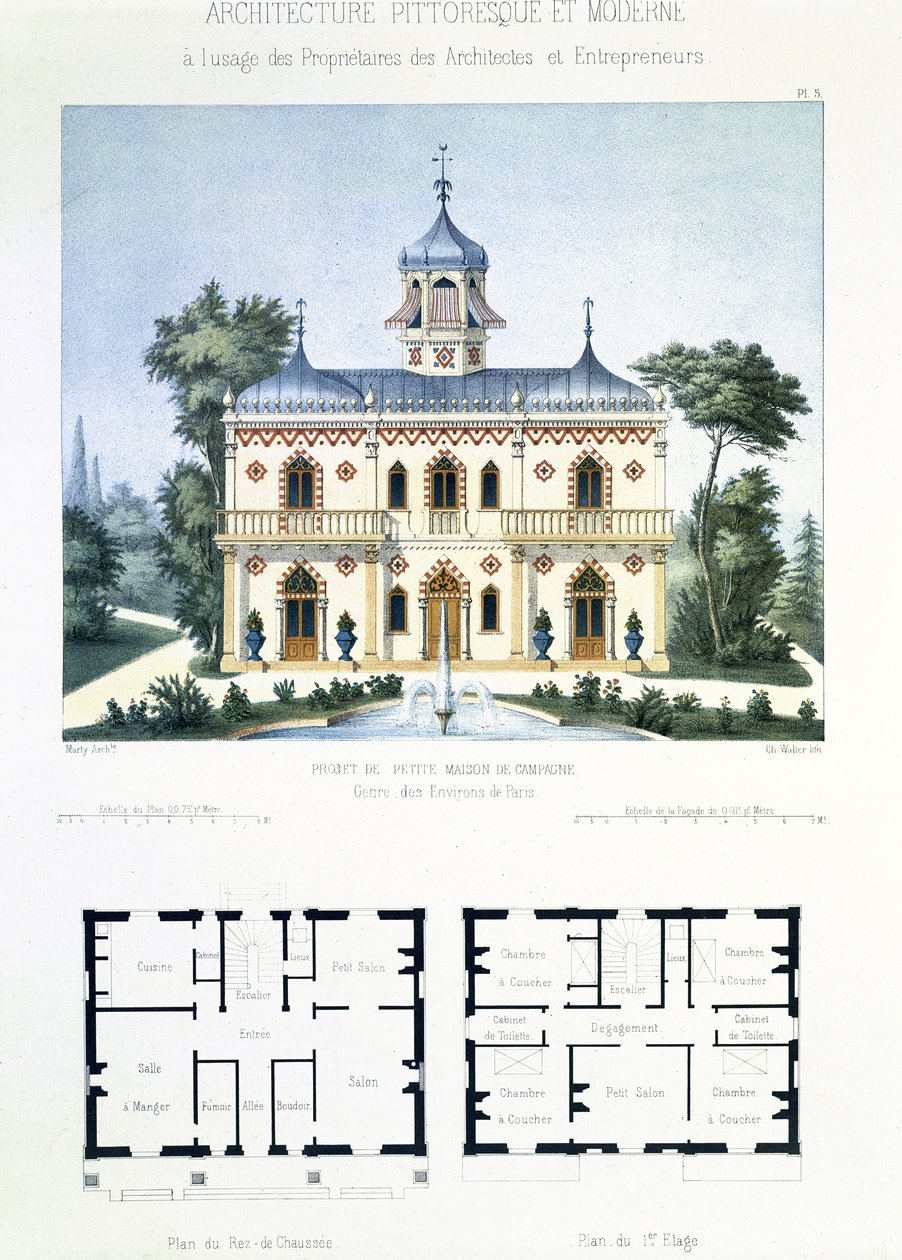 Projekt malého venkovského domu poblíž Paříže, vyrytý Walterem, deska 5 z Architecture Pittoresque et Moderne od Marty