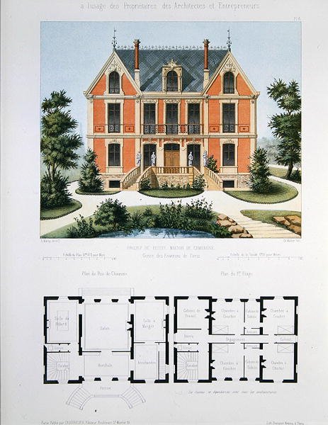 Projekt malého venkovského domu poblíž Paříže, rytina Walter, deska 6 z knihy "Architecture Pittoresque et Moderne" (barevná litografie) od Marty (after)